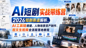 AI短剧实战带练营｜2026短剧赛道解析、AI工具链搭建、人物场景资产制作、图文生视频全流程落地教程