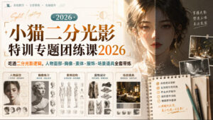 小猫二分光影特训专题团练课2026｜吃透二分光影逻辑，人物面部‑胸像‑素体‑服饰‑场景道具全套带练，高清画质附赠课件与笔刷
