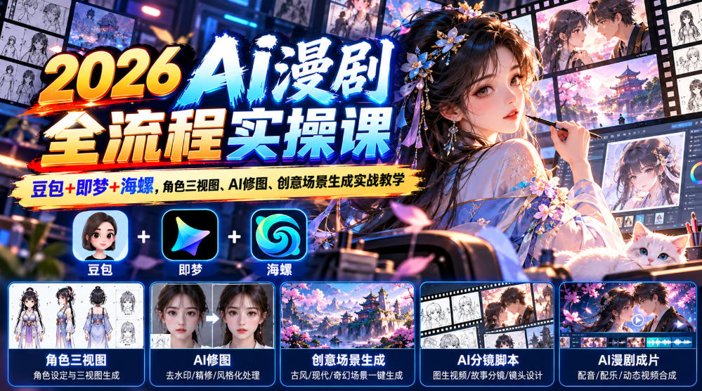 【无水印】2026 AI漫剧全流程实操课｜豆包+即梦+海螺，角色三视图、AI修图、创意场景生成实战教学