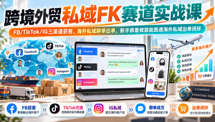 跨境外贸私域FK赛道实战课｜FB/TikTok/IG三渠道获客，海外私域聊单出单，新手跟着做就能跑通海外私域出单闭环